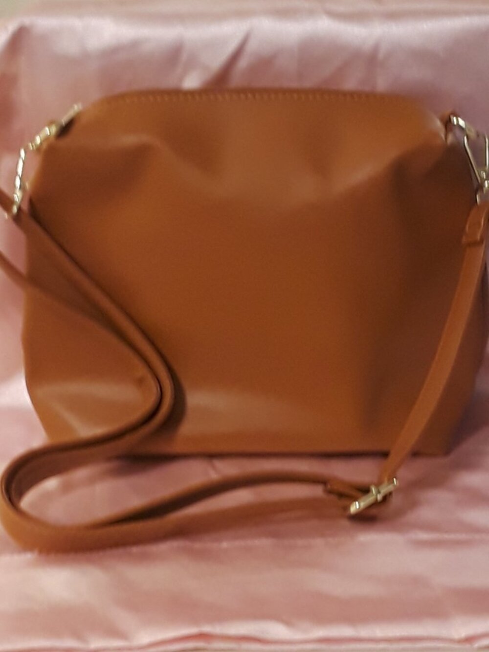Cognac Brown Faux Leather Domed Shoulder Bag Adjustable Strap Gold Hardware Zip